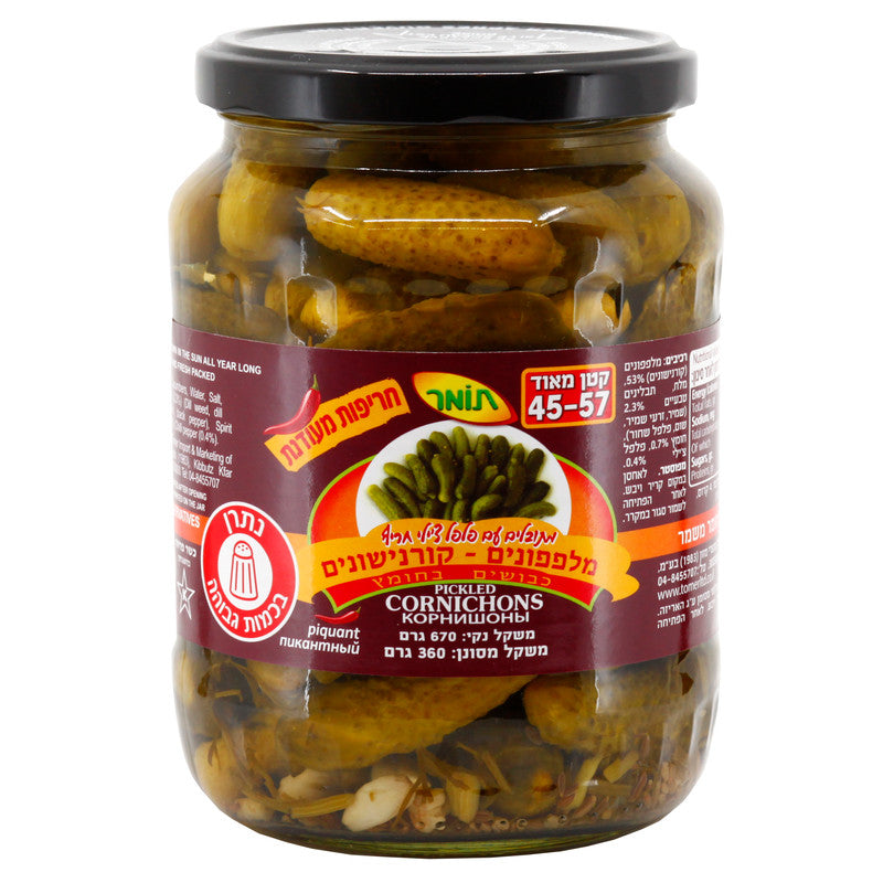 מלפפונים (קורנישונים) כבושים בחומץ עם פלפל חריף, גודל מיני, 670 גרם