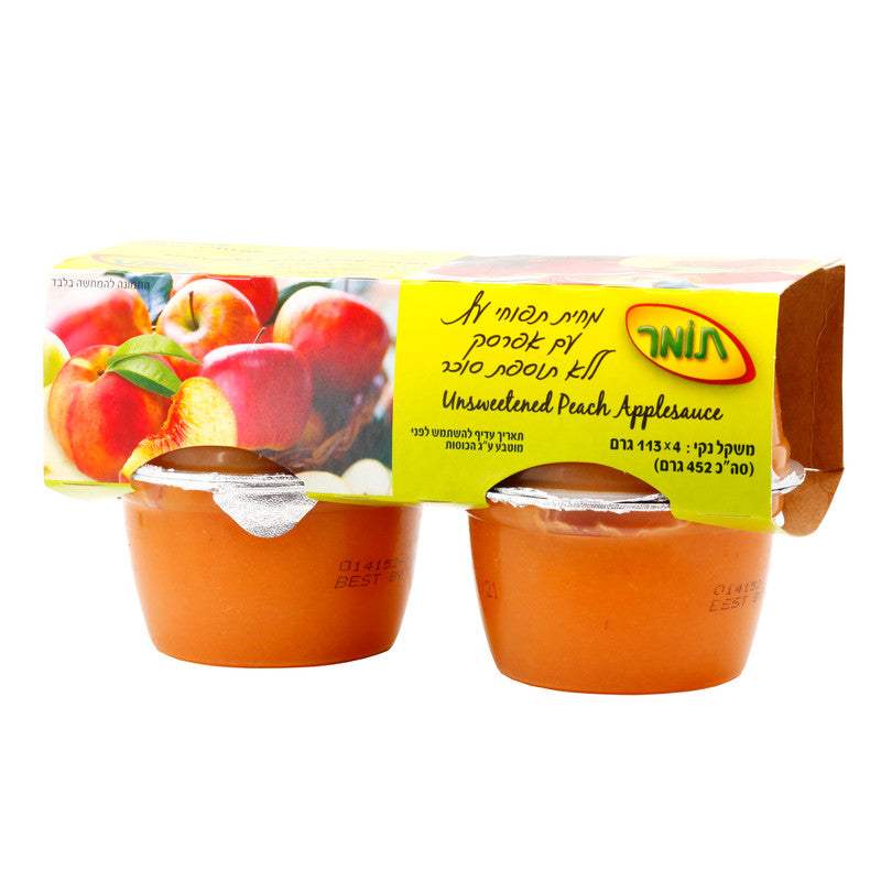 מחית תפוחי עץ עם אפרסק ללא תוספת סוכר, מארז 4 יחידות, משקל יחידה 113 גר'