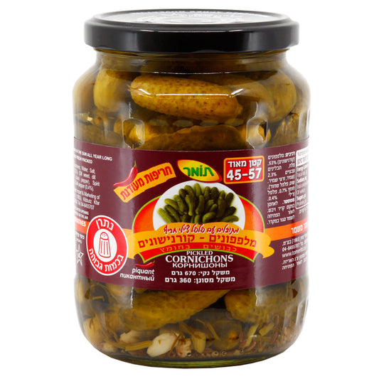 מלפפונים (קורנישונים) כבושים בחומץ בחריפות מעודנת, גודל בינוני, 670 גרם
